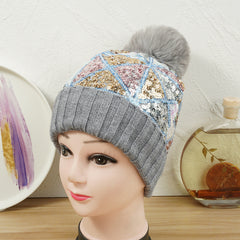 Glitter Sequins Winter Beanie Hat with Faux Fur Pom Pom
