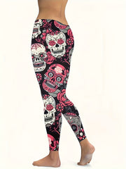  Halloween Sports Leggings Women's Plus Floral Skull Print High Waist