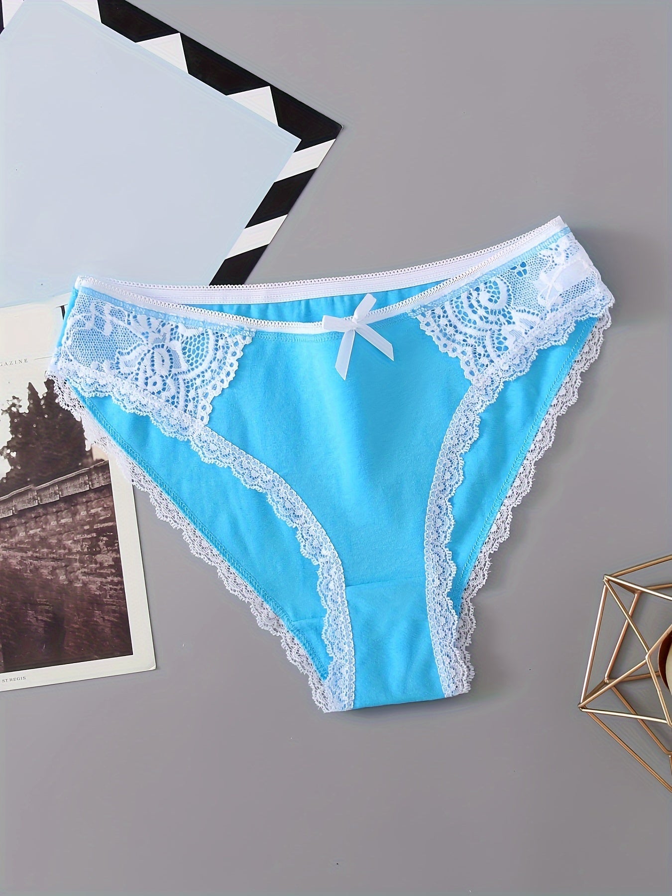 6pcs Bow Lace Bikini Panties Colorblock Intimates Lingerie Underwear