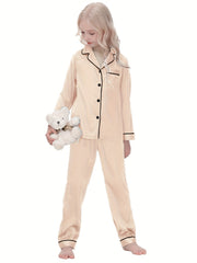 2pcs Kid's Solid Satin Pajamas Button Front Top & Pants Set