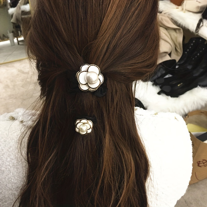 2pcs Camellia Hair Tie Velvet Scrunchies Flower Hair Ring Style Ponytail Holder