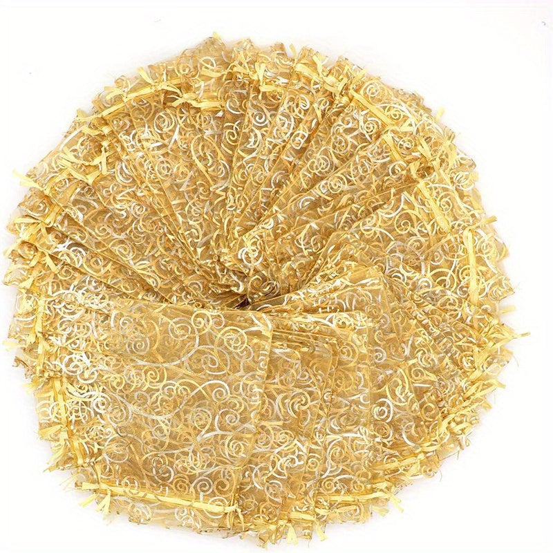 100pcs Golden Organza Gift Bags Drawstring for Wedding Party