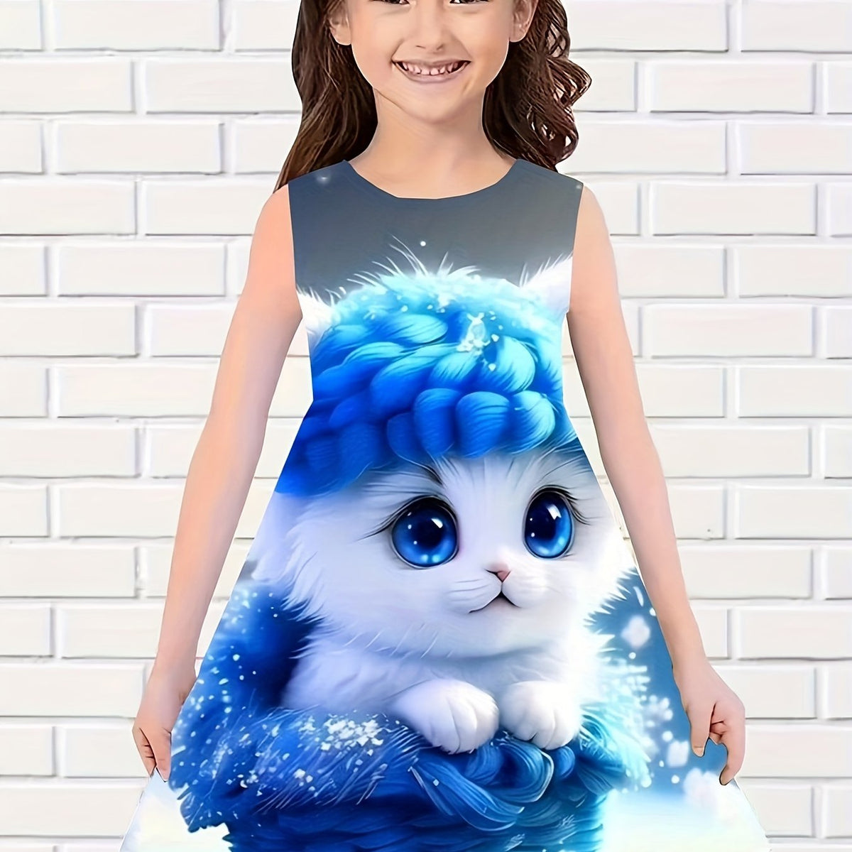 Cartoon Cat Sleeveless Dress for Girls - Summer Outdoor Wear