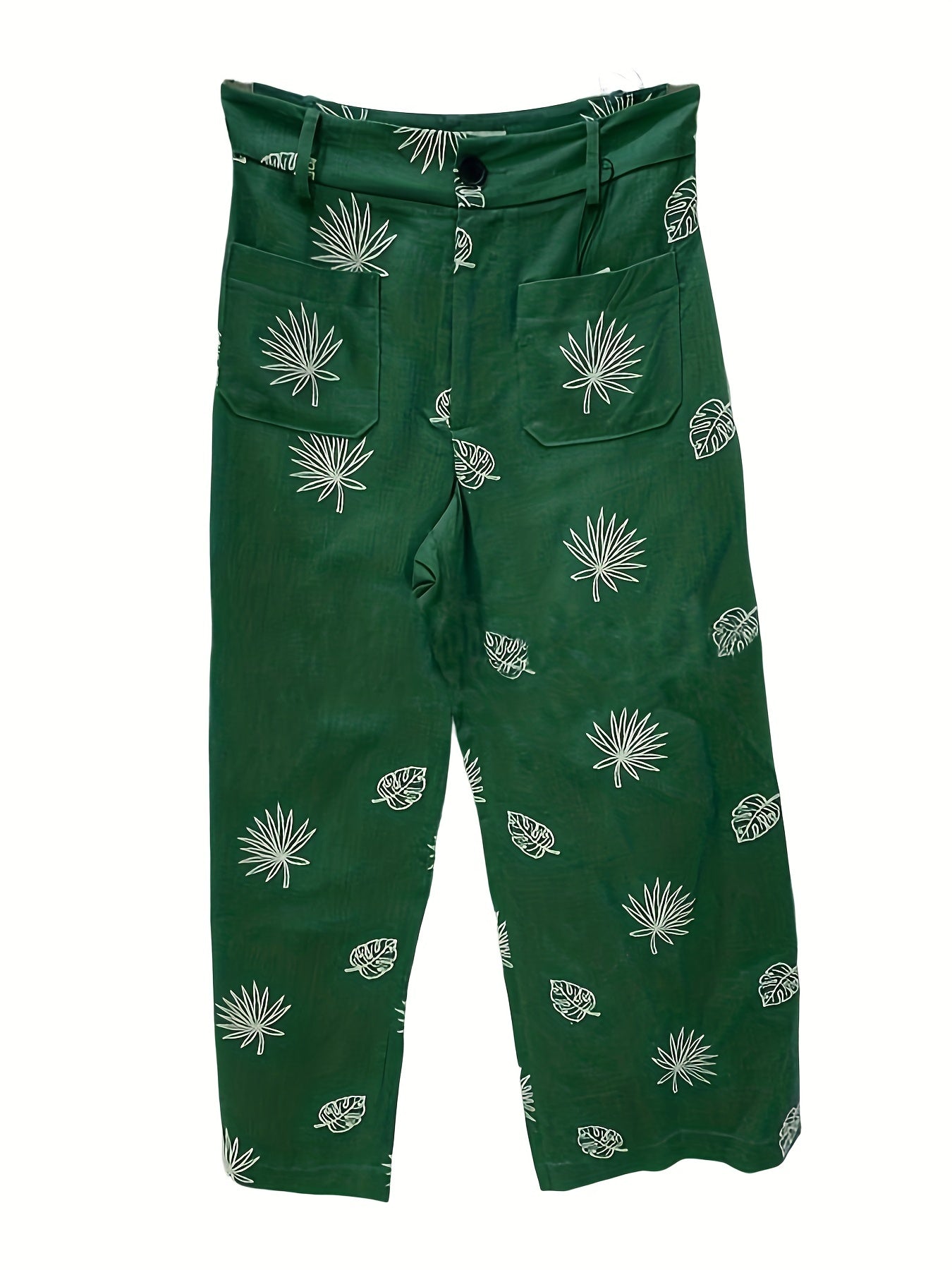  Leaf Print Button Fly High Rise Wide Leg Trousers