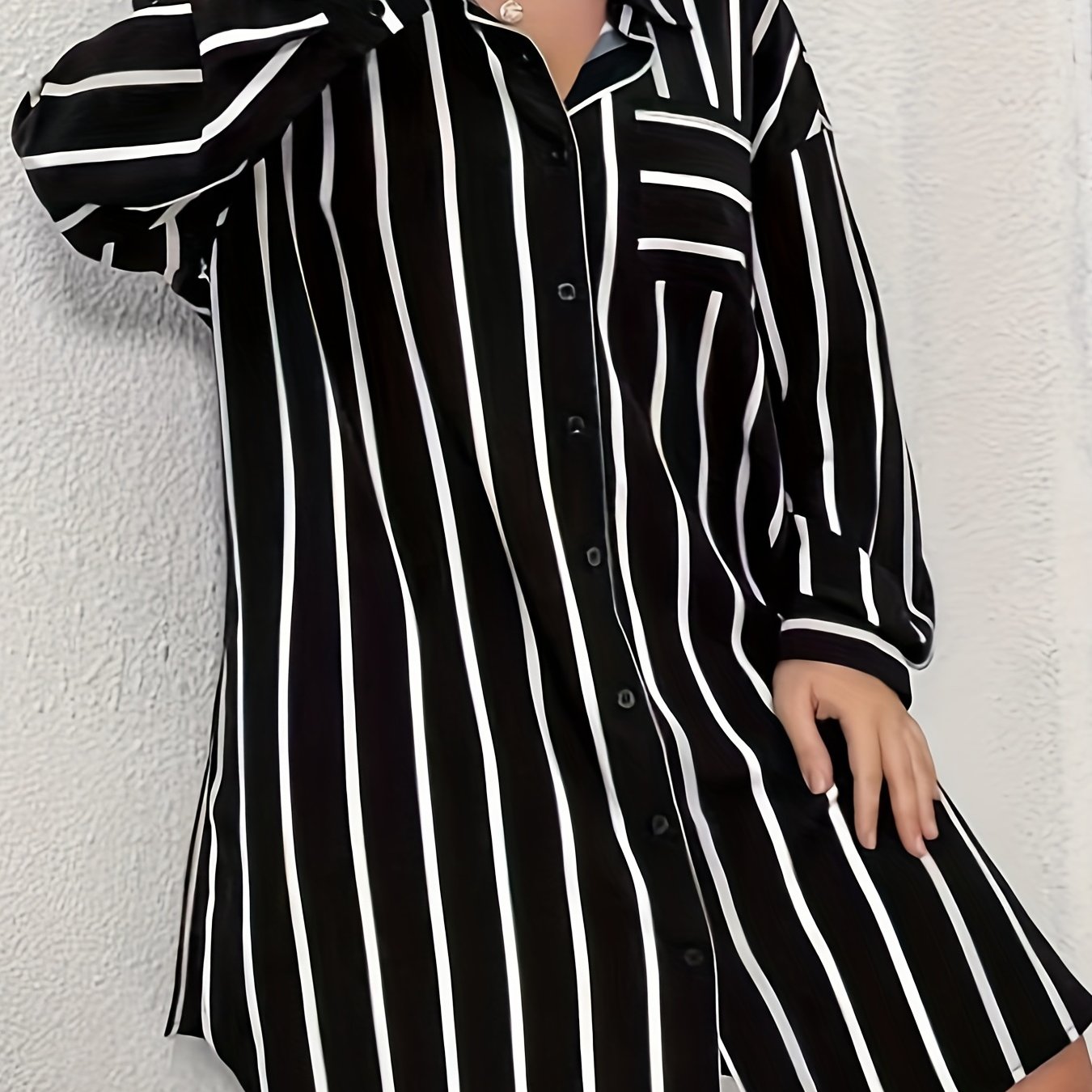  Stripe Print Button Up Long Sleeve Shirt Dress