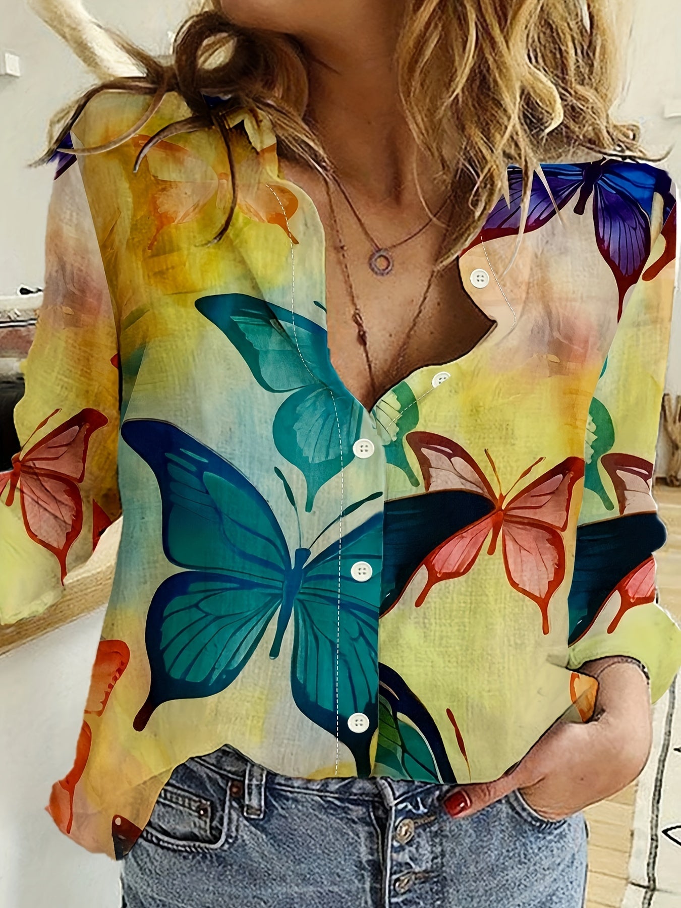  Butterfly Print Button Up Long Sleeve Blouse
