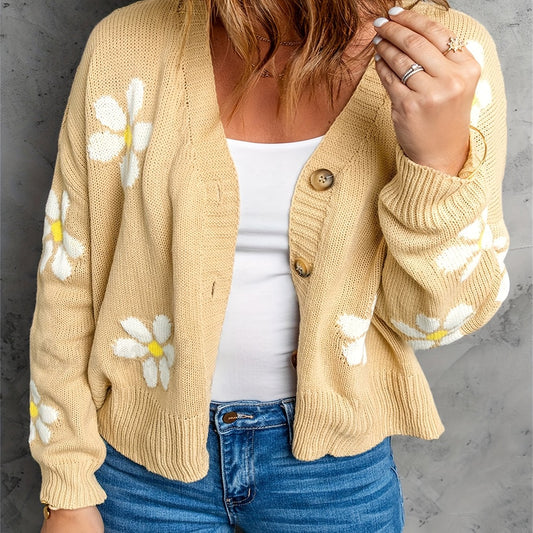  Floral Print Button Up Long Sleeve Cardigan