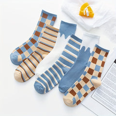 6 Pairs Stripe & Plaid Print Socks Mid Tube Women's Stockings