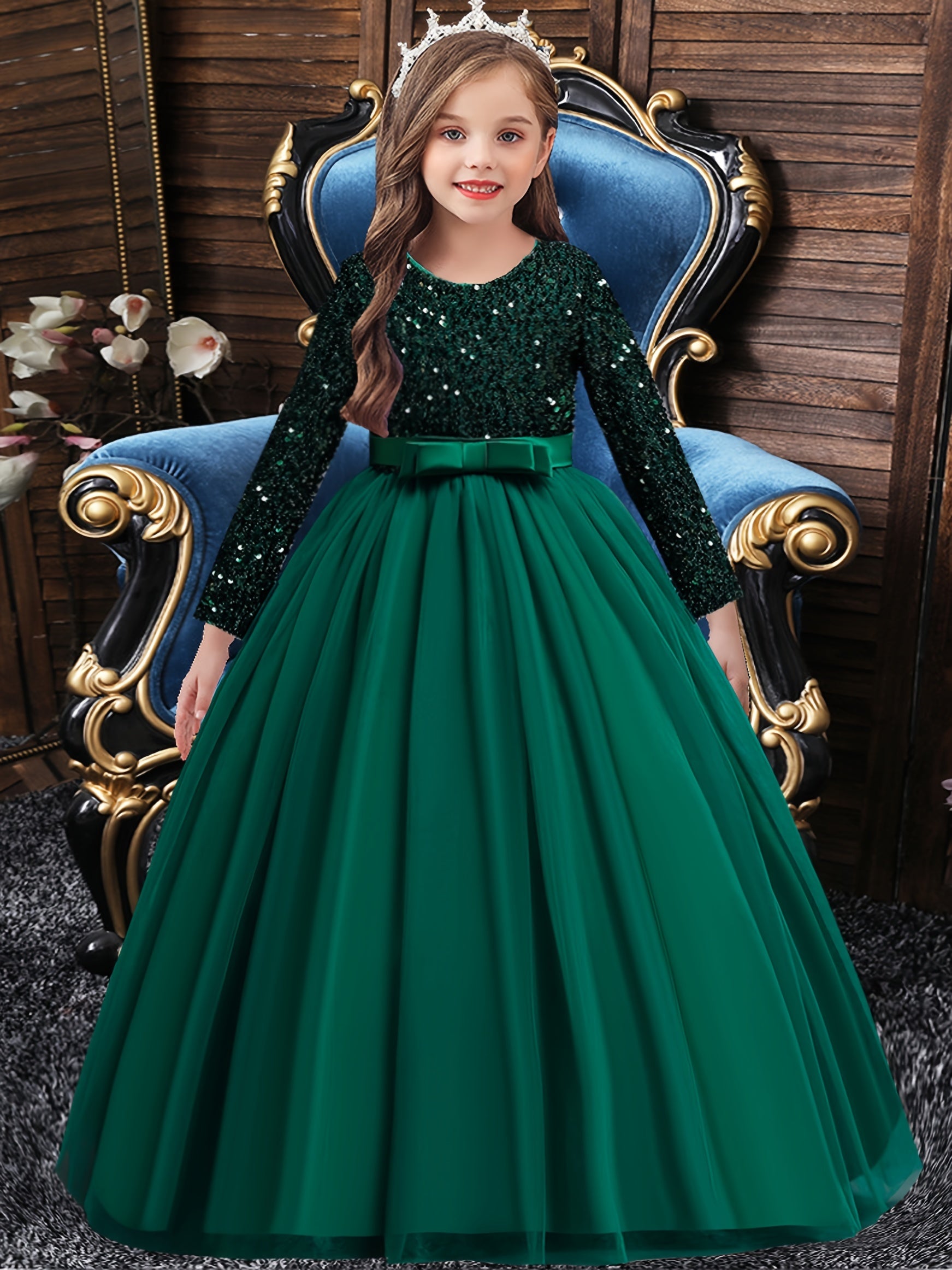 Girls Long Sleeve Tulle Sequined Ball Gown Dress