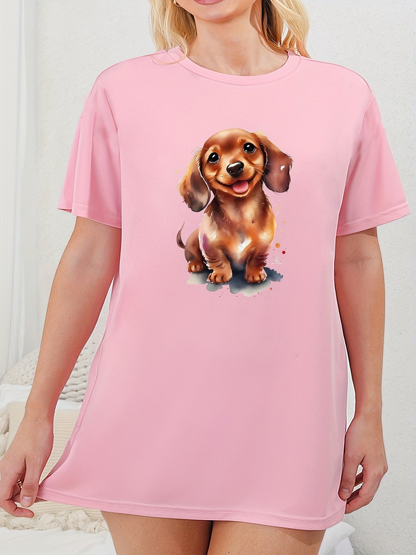  Cartoon Puppy Print Sleep Dress Short Sleeve