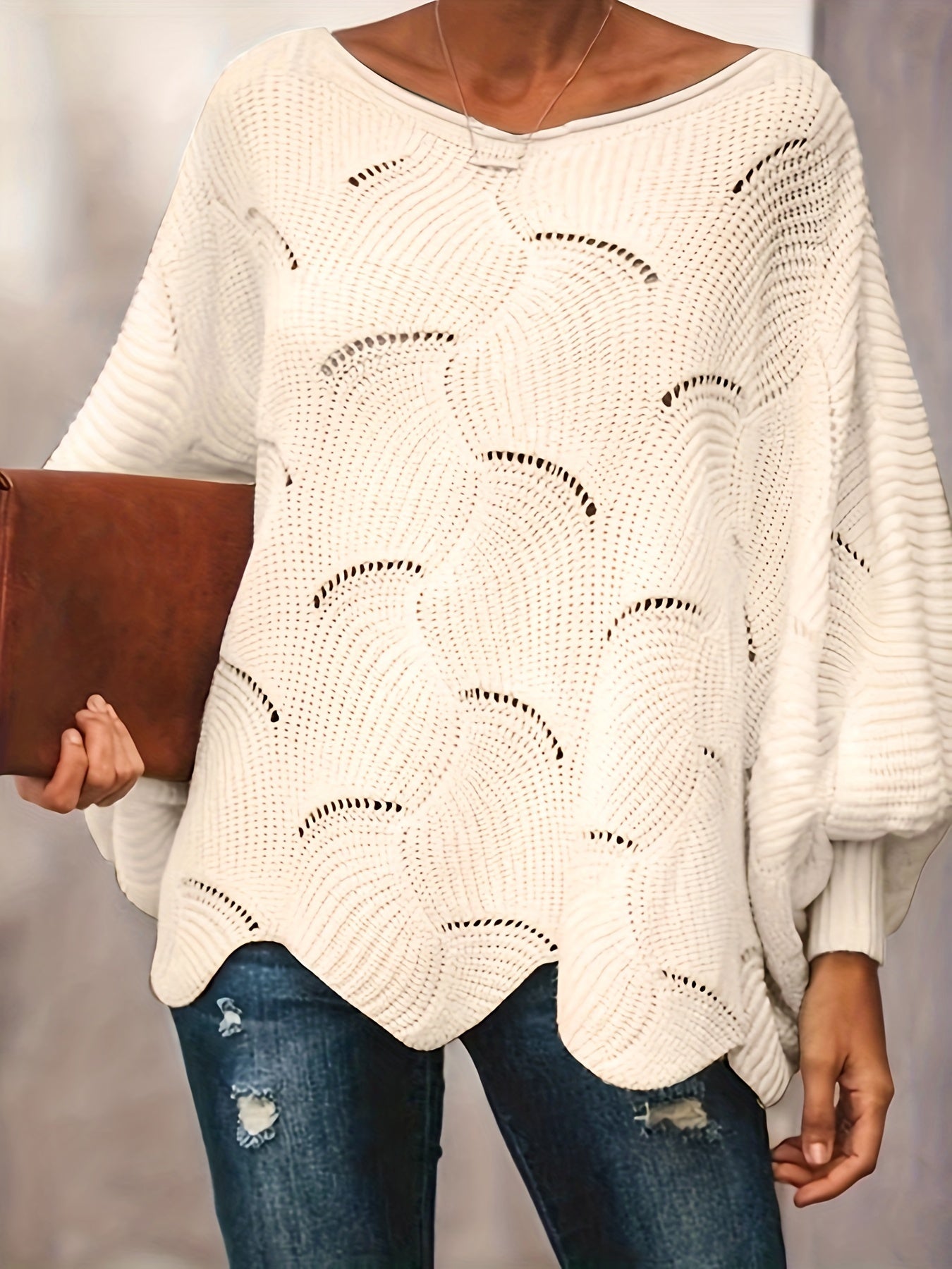  Casual Sweater Women's Solid Pointelle Long Sleeve Pullover Jumper