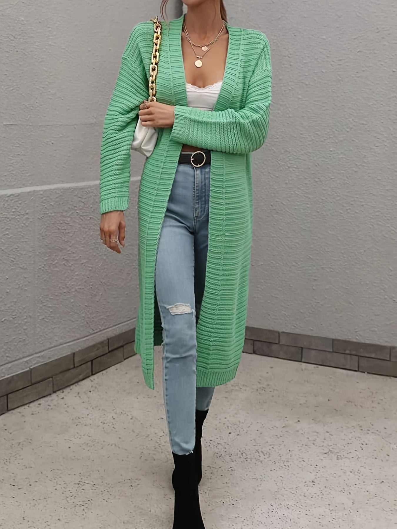  Solid Ribbed Long Sleeve Cardigan