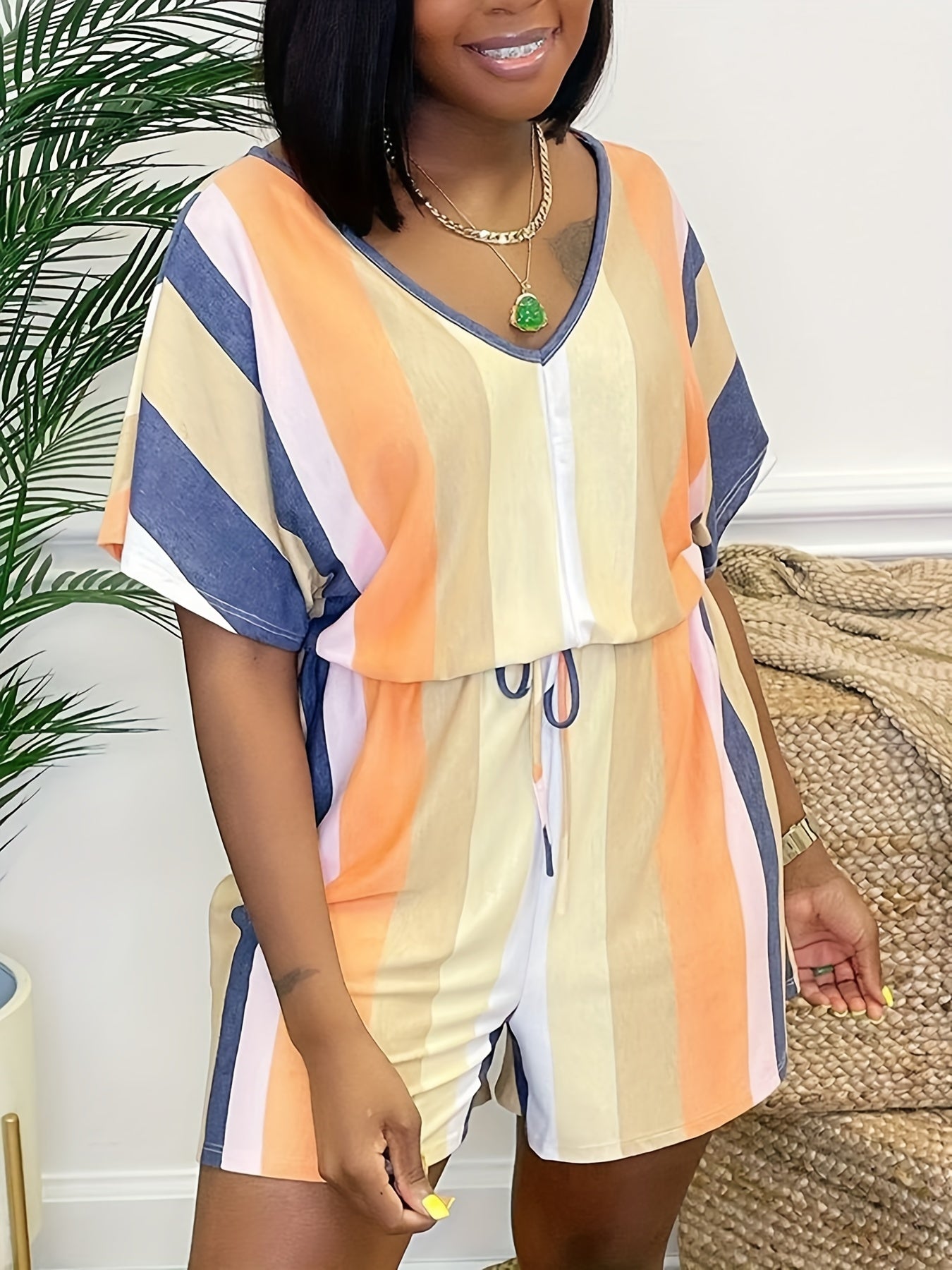  Colorblock Stripe Print Romper Short Sleeve V Neck Drawstring