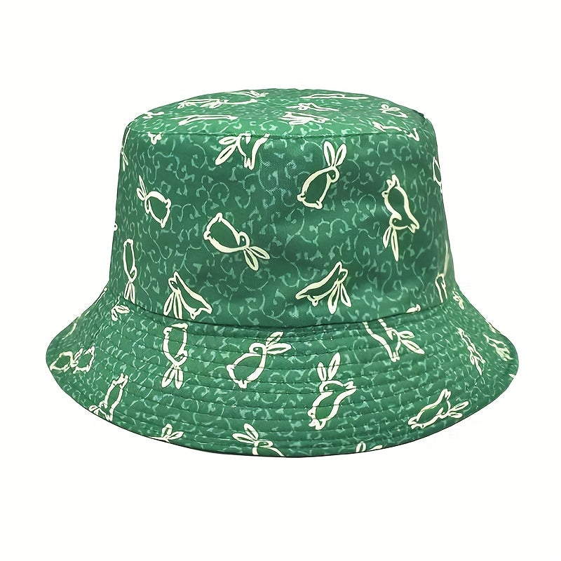 Green Rabbit Print Reversible Sunscreen Basin Hat Casual Fisherman Cap