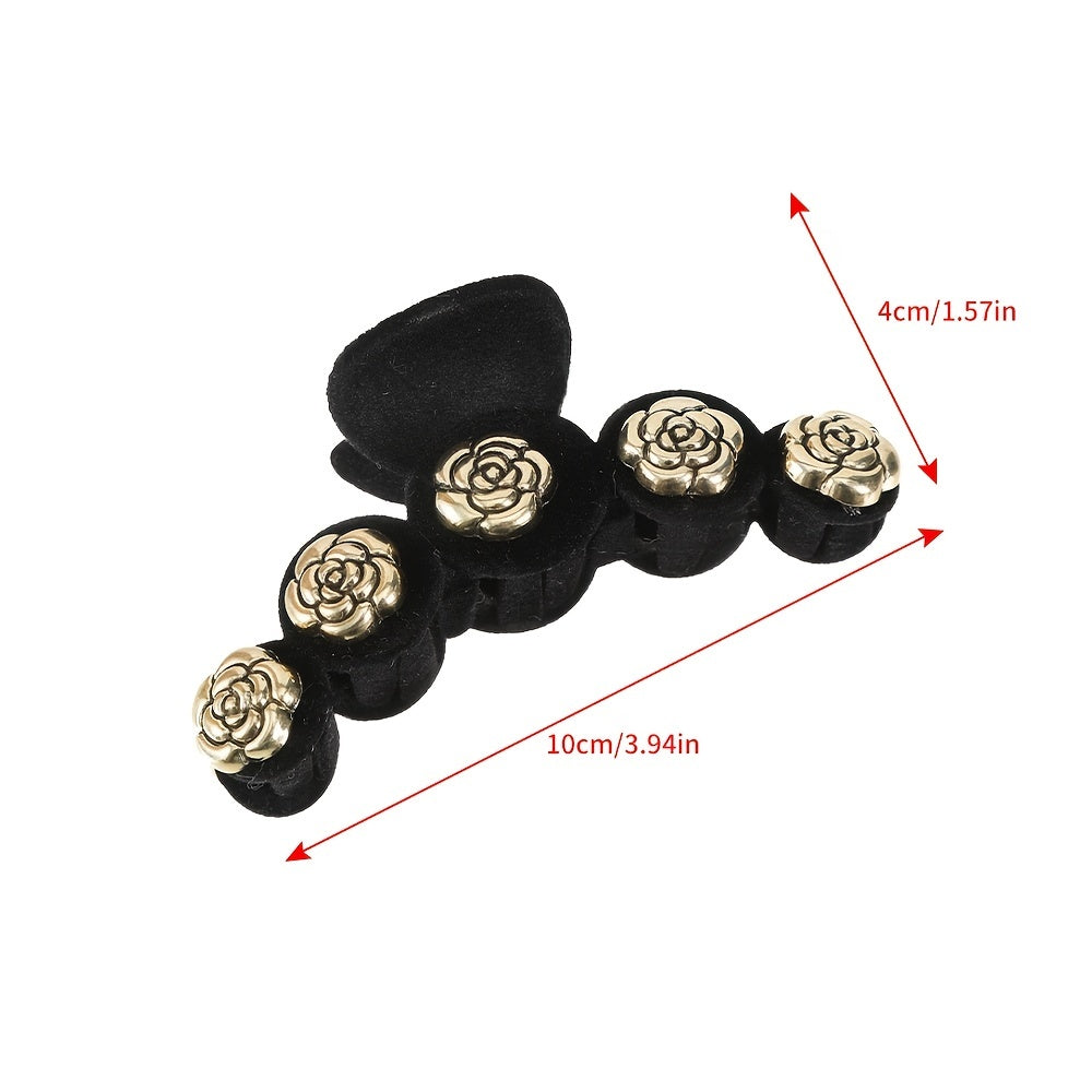 Velvet Flower Rose Hair Claw Clip, Pearl Accent, Winter Styling