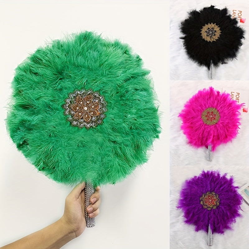 Colorful Plush Fan Inlaid Rhinestone Large Round Faux Feather Fan