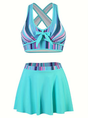  Ombre Print Bikini Set with Tie Front Cross Back Bra & Mini Skirt