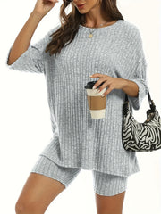 Plus Ribbed Half Sleeve Top & Shorts 2 Piece Set