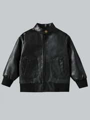 Boy's Fashionable Stand Collar Leather Jacket