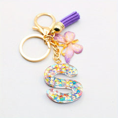Resin Initial Letter Keychain with Tassel and Butterfly Pendant