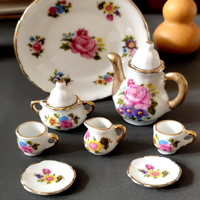 Floral Tea Set for Dolls - Teapot, Cups, Saucers, Tray - Flower Patterns