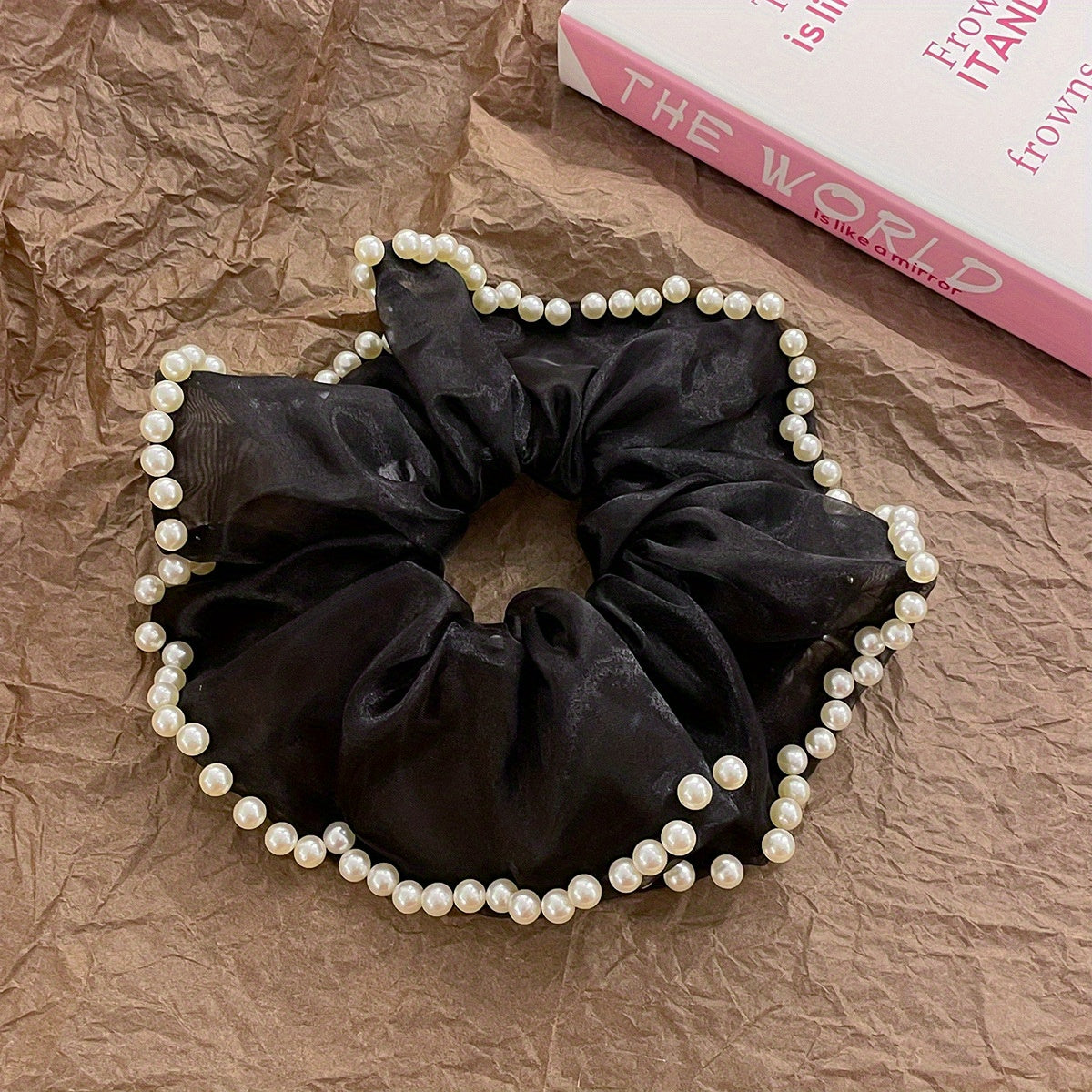 Organza Scrunchies with Faux Pearl Brim Ponytail Holder