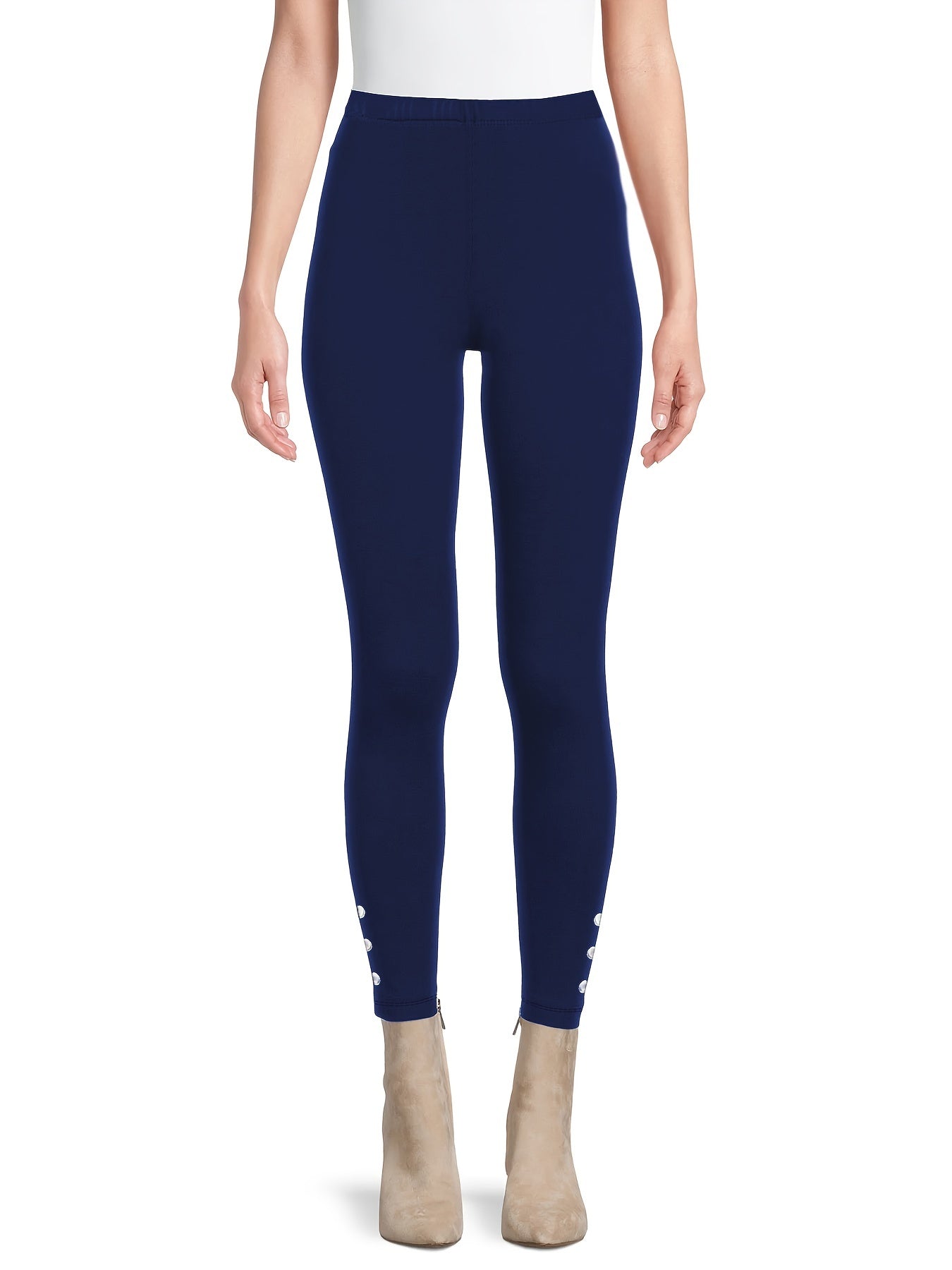  Sports Leggings Women's Plus Solid Button Decor Elastic High Waisted