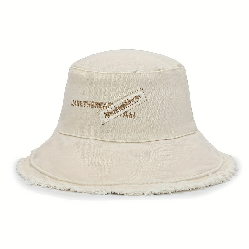 Vintage Embroidery Bucket Hat Frayed Brim Beach Sunscreen Outdoor Basin Hat