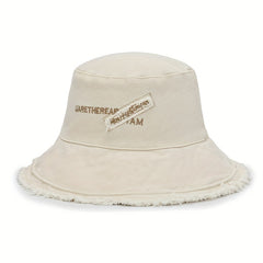 Vintage Embroidery Bucket Hat Frayed Brim Beach Sunscreen Outdoor Basin Hat