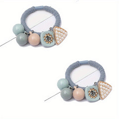 2pcs Candy Beaded Hair Tie Faux Pearl Decor Hair Rope Knitted Hair Tie