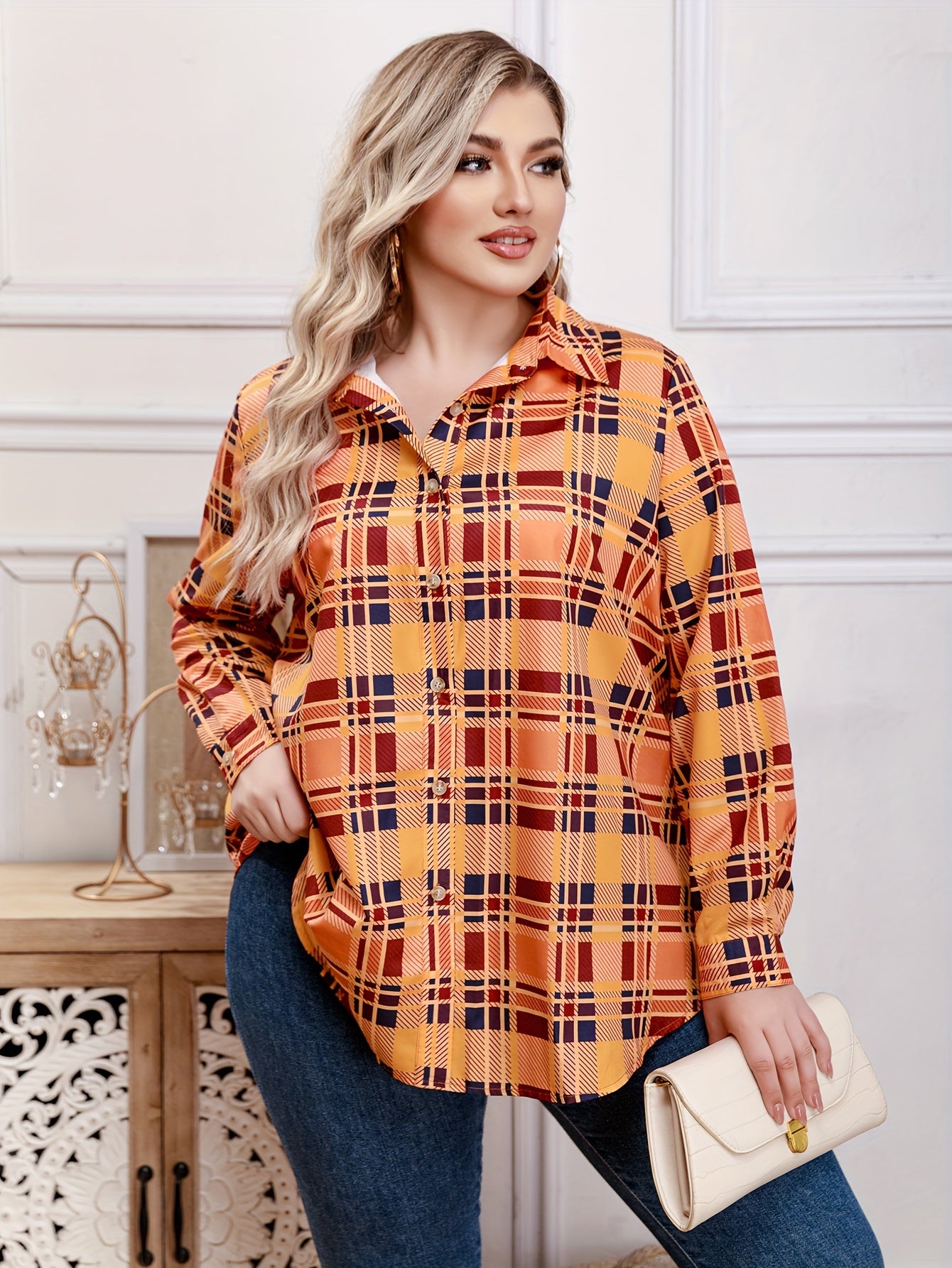  Plaid Print Button Up Long Sleeve Blouse