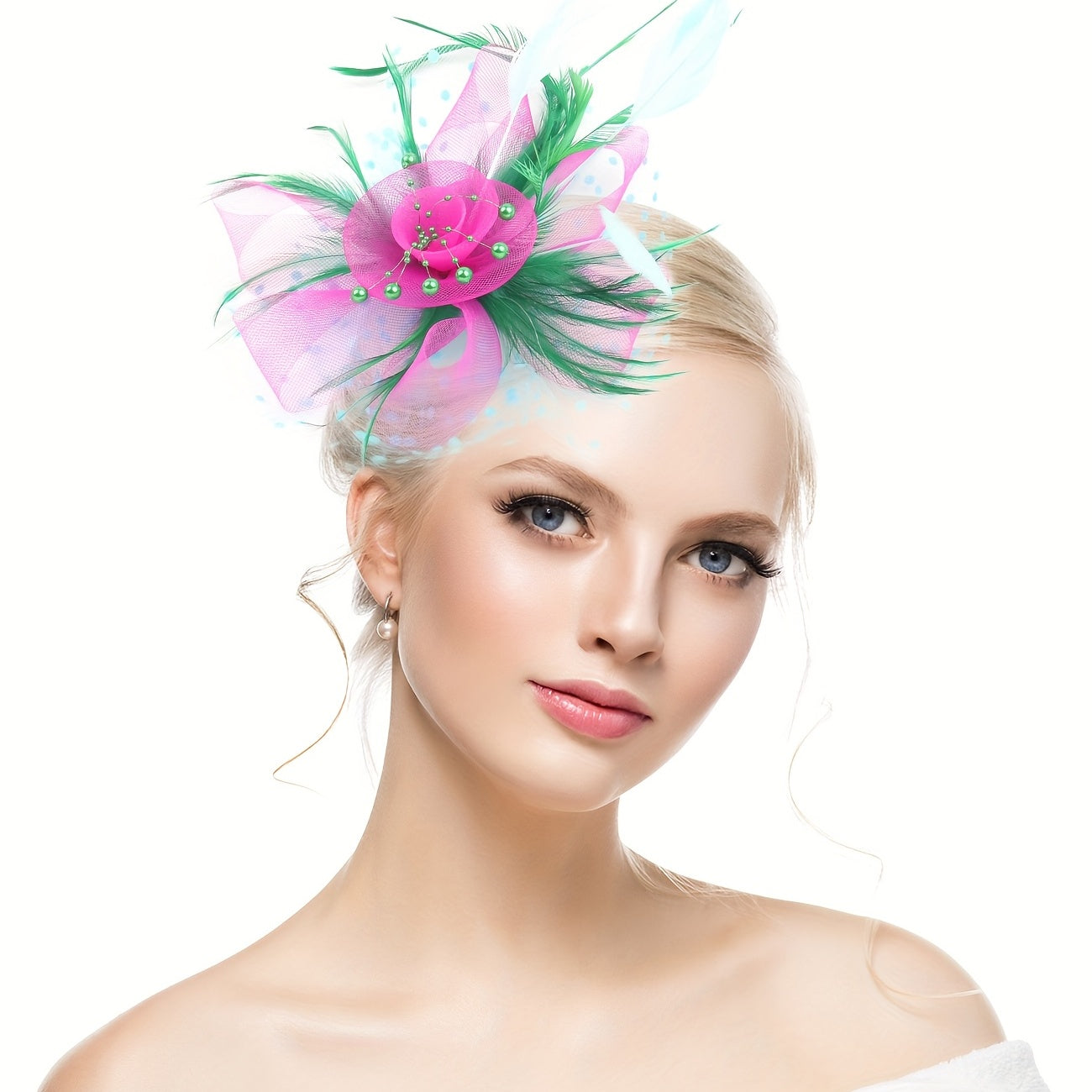 Mesh Flower Head Piece With Clip Faux Feather Fascinator