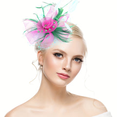 Mesh Flower Head Piece With Clip Faux Feather Fascinator