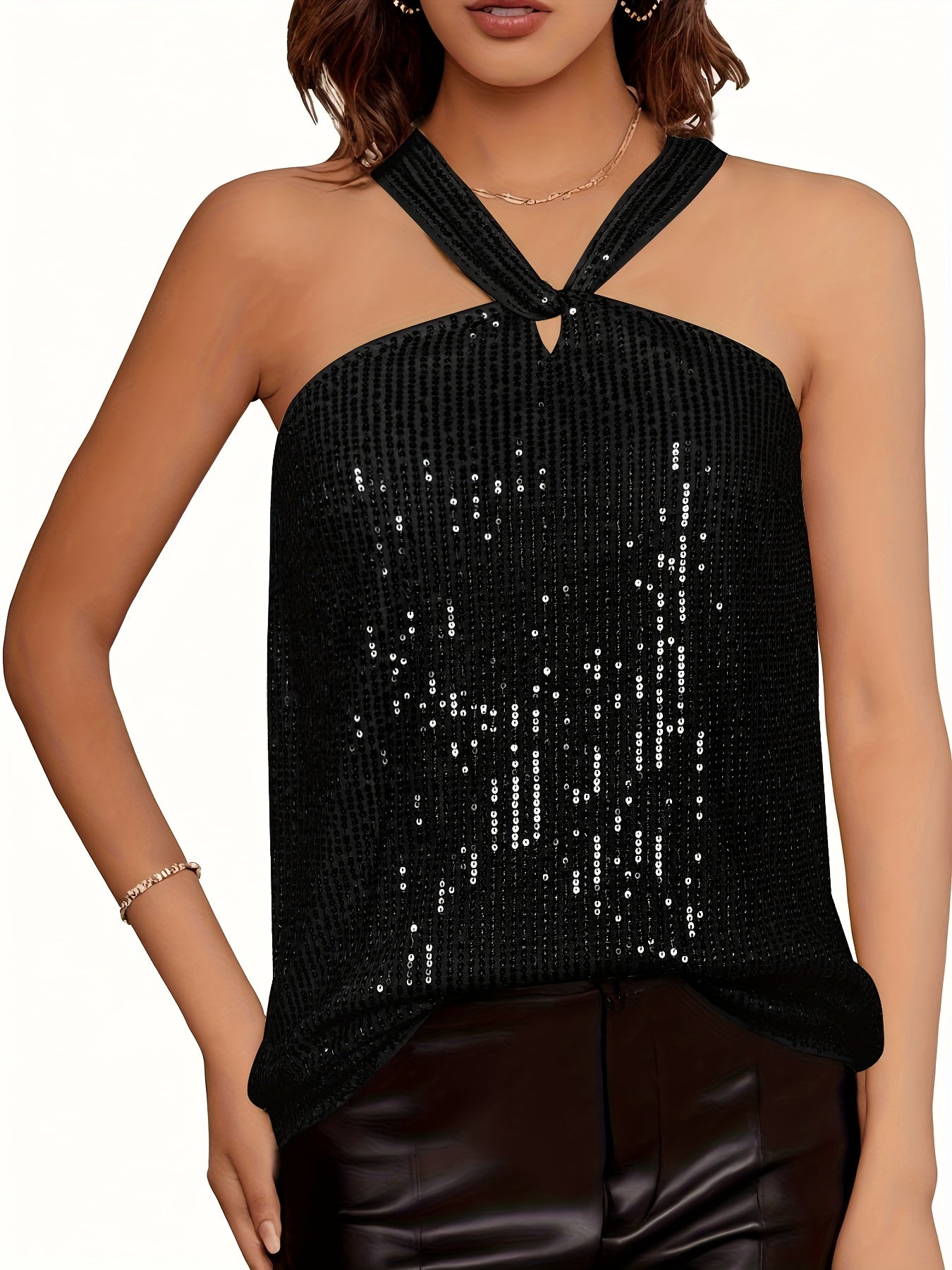 Sequined Keyhole Top Sexy Solid Party Sleeveless Top