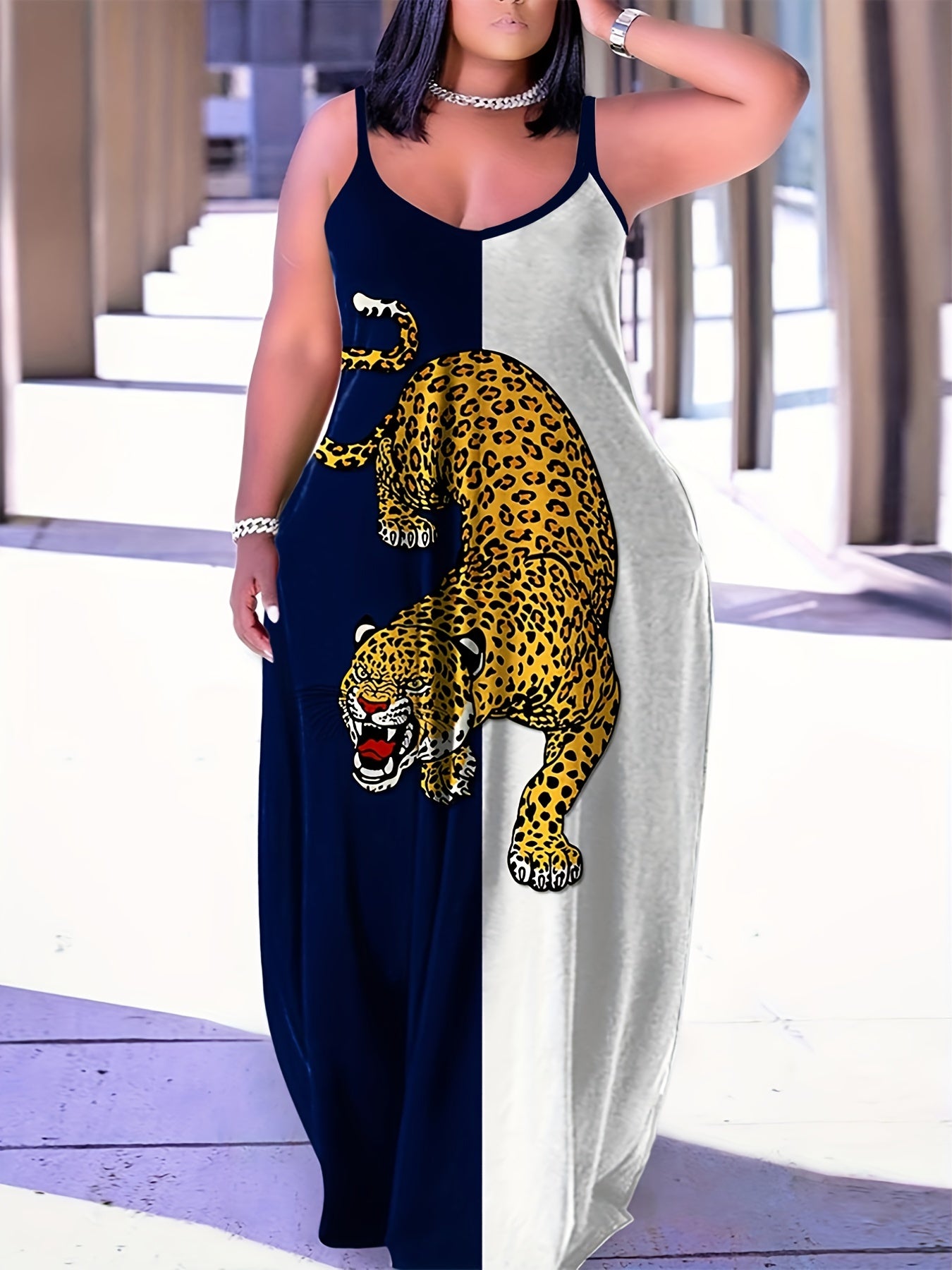 Women's Plus Leopard Print Maxi Cami Dress