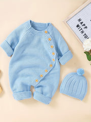 Personalized Knit Baby Onesie Diagonal Buttons & Hat