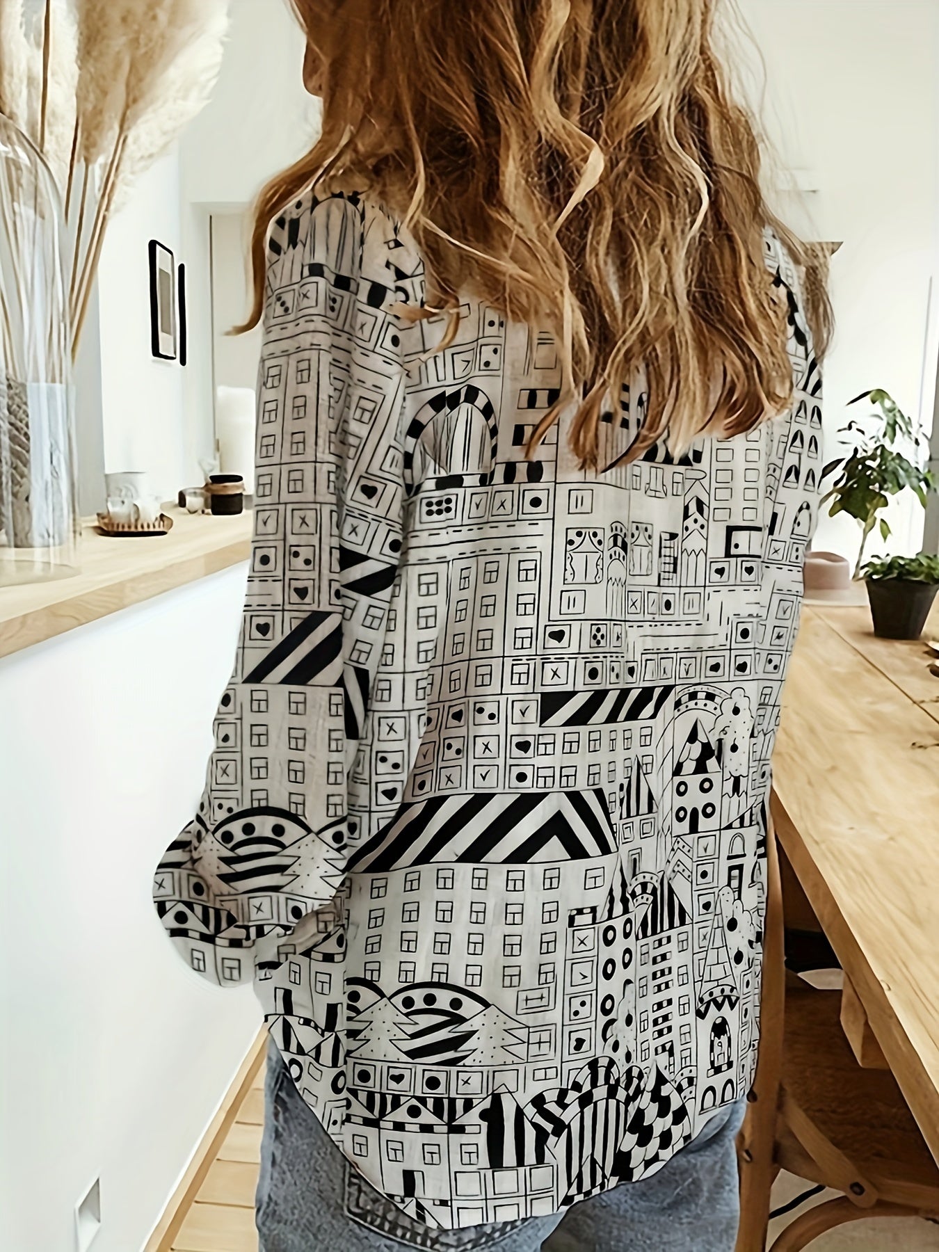  Casual Blouse Women's Plus Allover Print Long Sleeve Button Up Top