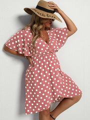  Dot Print Layered Bell Sleeve V Neck Midi Dress Women's Plus
