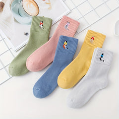 5 Pairs Cartoon Cat Pattern Socks Women's Comfy & Embroidery Stockings