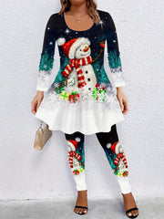  Christmas Outfits Set Snowman & Snowflake Print Top & Leggings 2 Piece