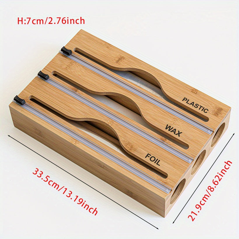 Bamboo Dispenser With Cutter For 12.5 Roll Foil Plastic Wrap Organizer