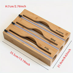 Bamboo Dispenser With Cutter For 12.5 Roll Foil Plastic Wrap Organizer