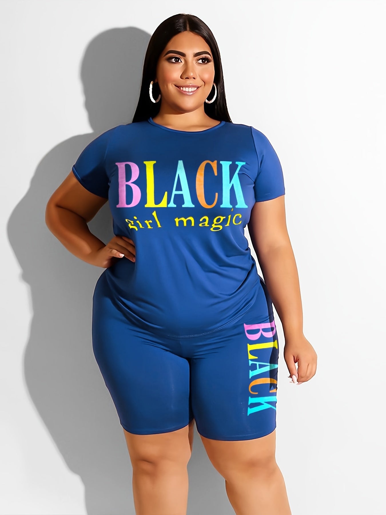  Letter Print Tee & Shorts Set Women's Plus Casual 2pcs