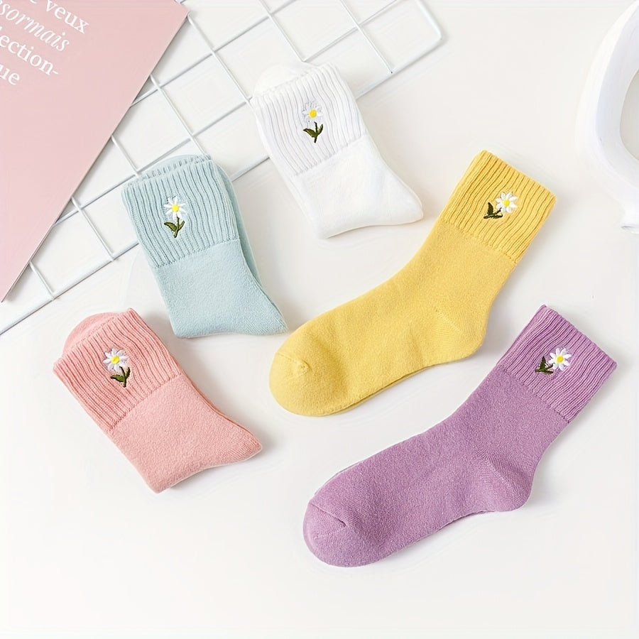 5 Pairs Floral Embroidery Socks Women's Stockings & Hosiery