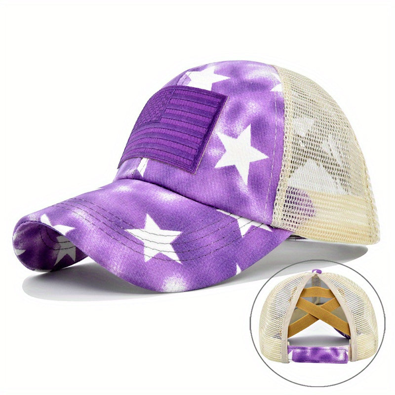 Pentagram Tie Dye Ponytail Baseball Cap Flag Embroidery Sports Hat