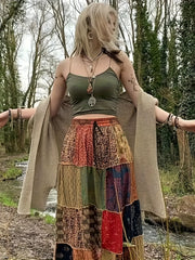 Plus Size Boho Skirt Patchwork Floral Print Drawstring Waist Maxi Skirt