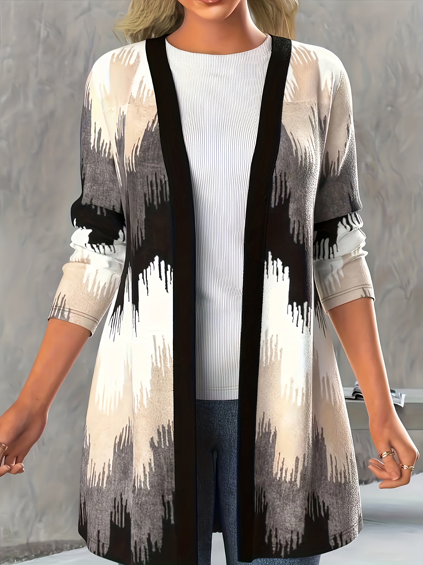  Colorblock Long Sleeve Open Front Cardigan