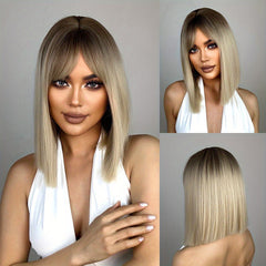 Ombre Bob Wig Straight Synthetic Hair with Bangs for Women
