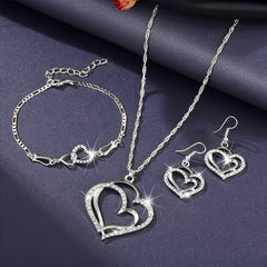Double Heart Necklace Earrings Bracelet Set Romantic