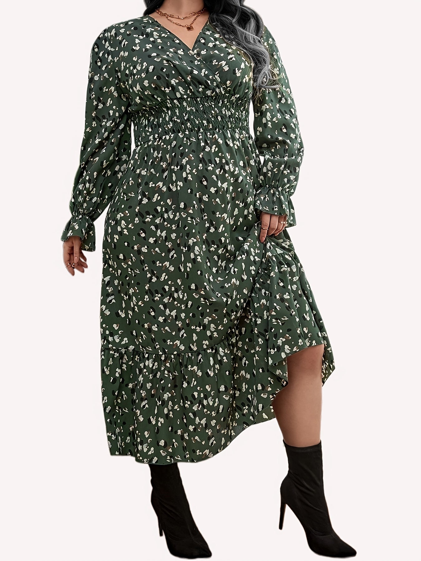  Casual Dress Women's Plus Ditsy Print Lantern Sleeve Dress